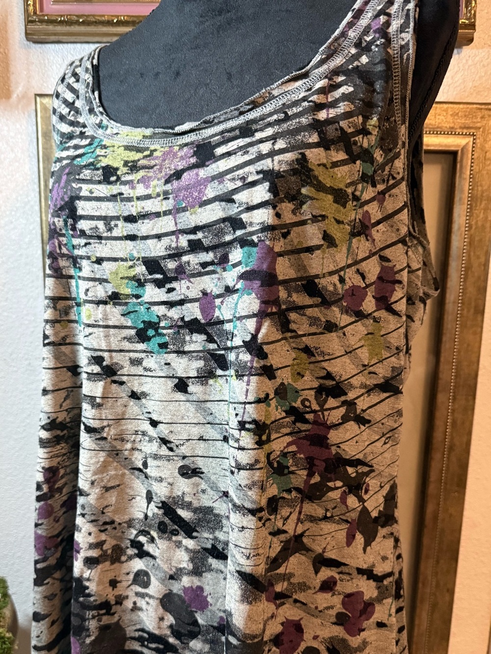 Abstract Paint Splatter Striped Tank Top Ruched Side Drawstring - Picture 2 of 9